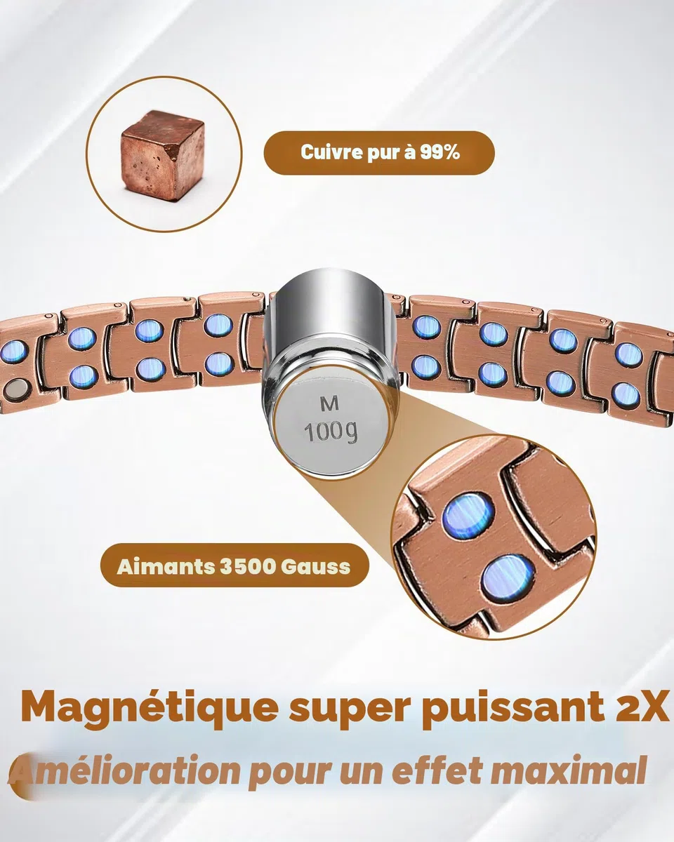 Jeracol Bracelet en cuivre croisé pour hommes, bracelet de thérapie magnétique avec aimants puissants 3800 gauss - 99,99% de cuivre pur et boîte cadeau, 22 cm