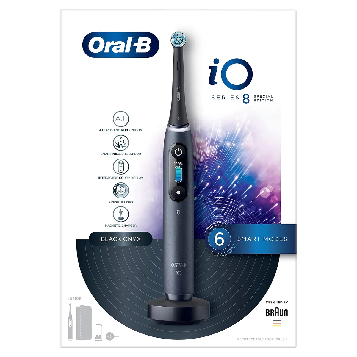 Oral-B iO Series 8s Brosse à Dents Électrique Rechargeable avec 1 Manche Intelligence Artificielle, Noir, 1 Brossette et 1 Pochette Magnétique, 5 Modes Dont Blancheur et Soin des Gencives