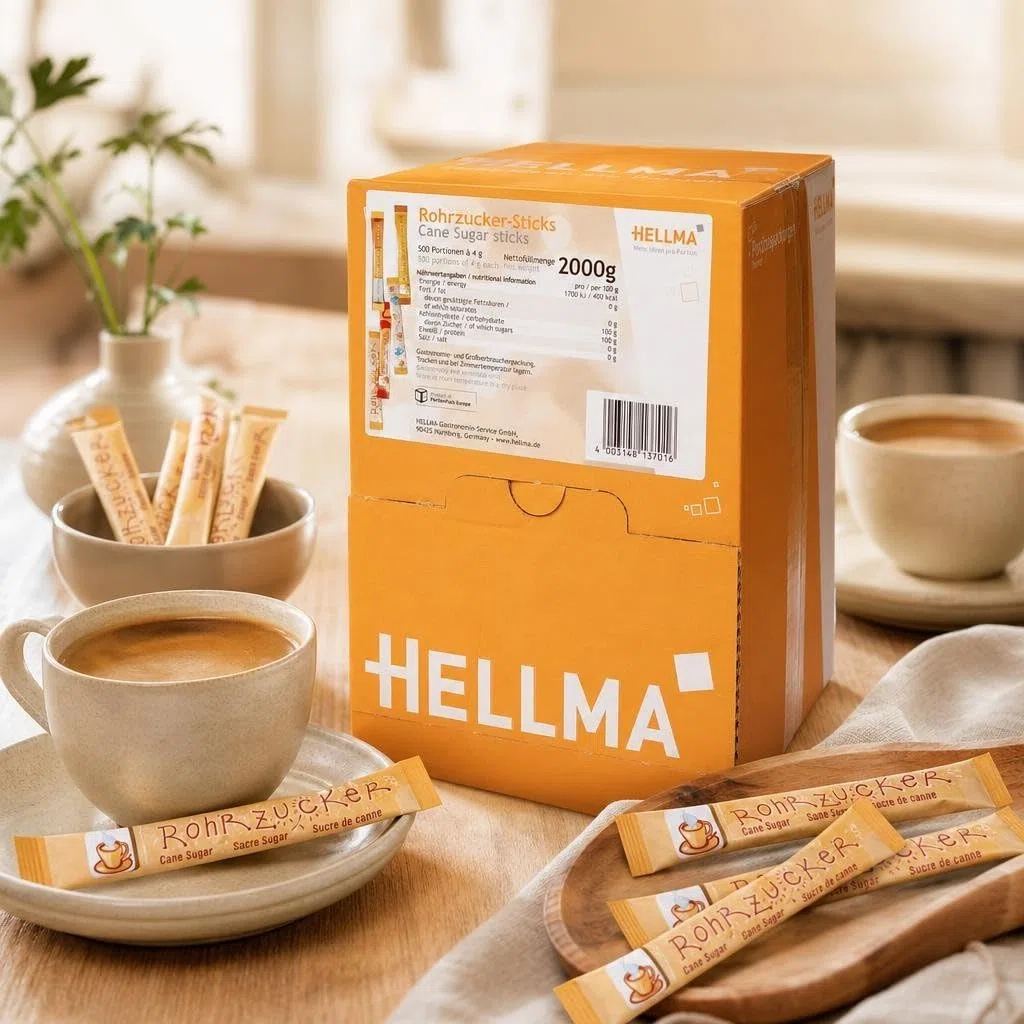 HELLMA Sticks de sucre de canne, dans pr‚sentoir emballage unitaire contenu: 500 piŠces de 4 g (40013701/ 60000084)