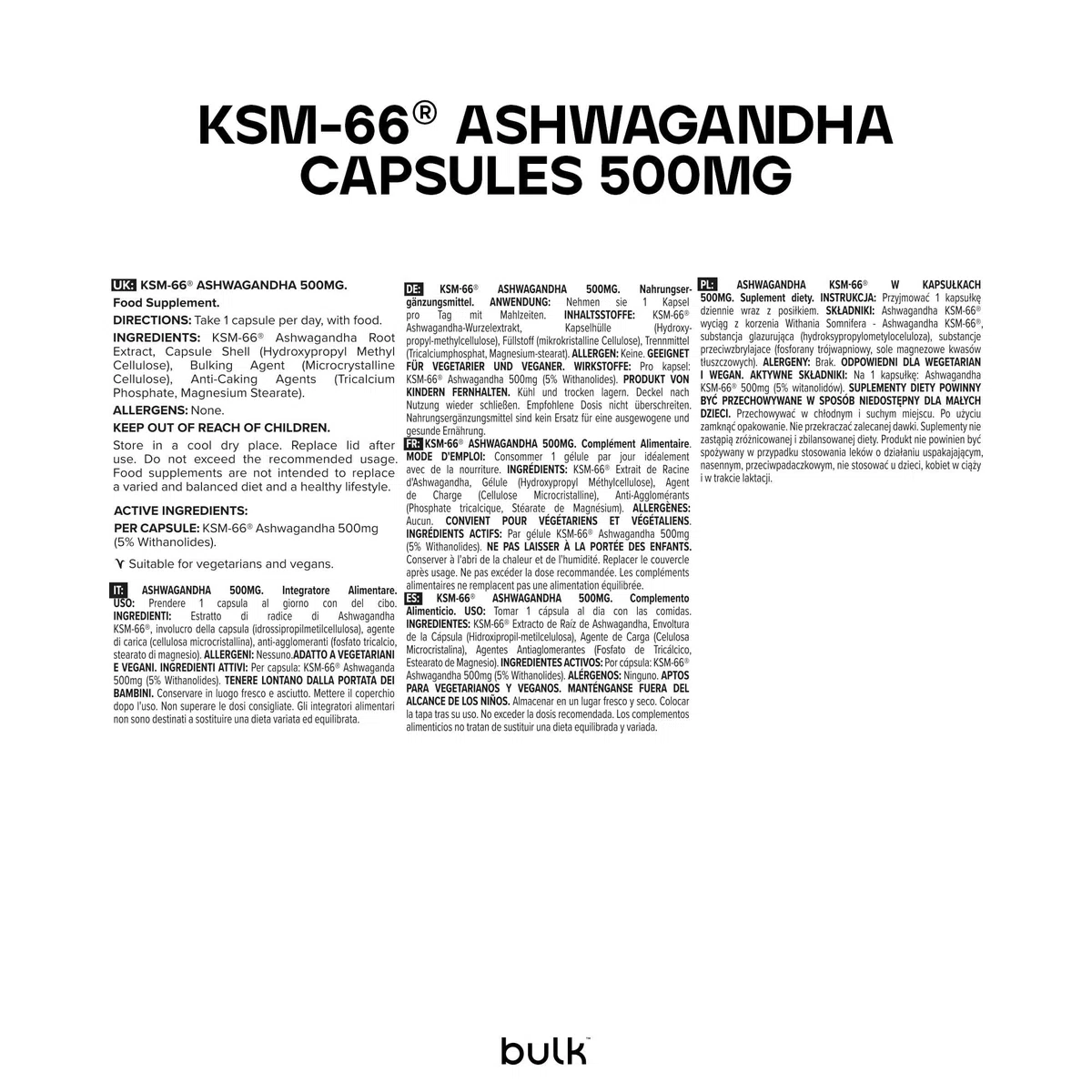 Bulk Capsules d'ashwagandha KSM-66, 500 mg, paquet de 90, l'emballage peut varier