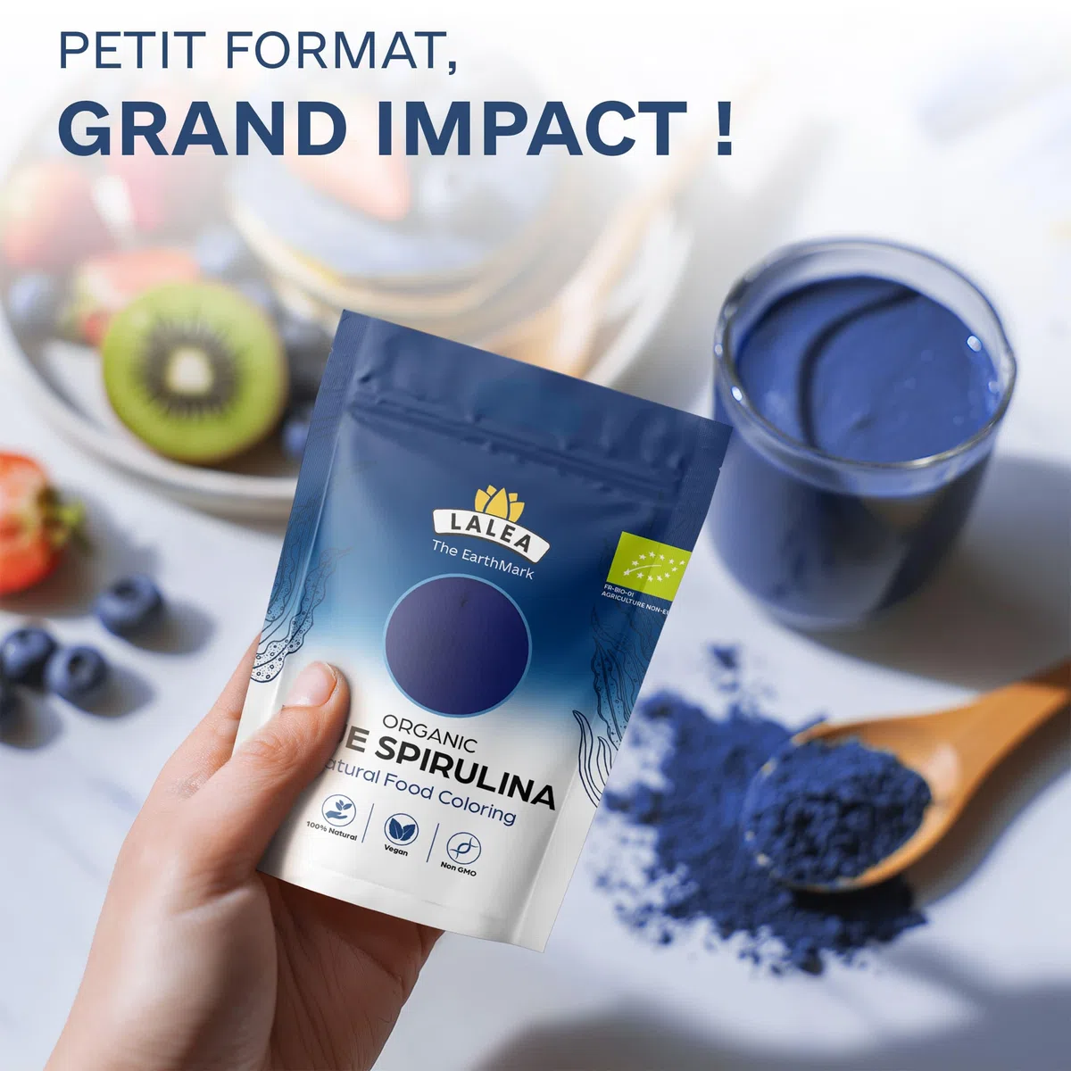 LALEA Spiruline Bleue BIO en Poudre 55g – Phycocyanine Bleue Pure Bio – Colorant Alimentaire Poudre Bleu Naturel (E18) – Spiruline Bleu Poudre pour Smoothies, Pâtisserie, Boissons & Desserts