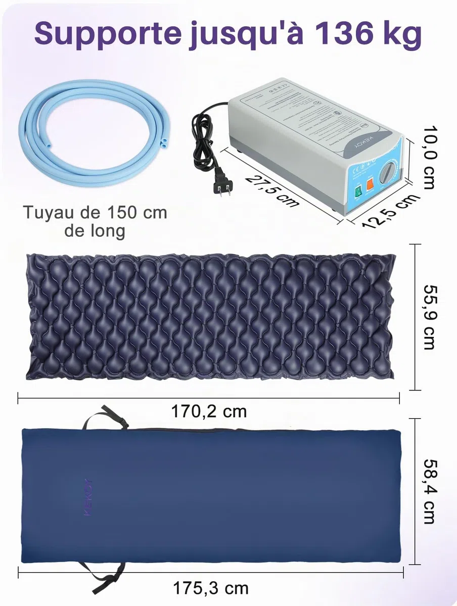 Kekoy Matelas Anti-Escarre pour Fauteuils Relax, Pompe Silencieuse, Housse Imperméable, Idéal pour Personnes Âgées et Récupération Postopératoire, 170x56 cm, Bleu Clair