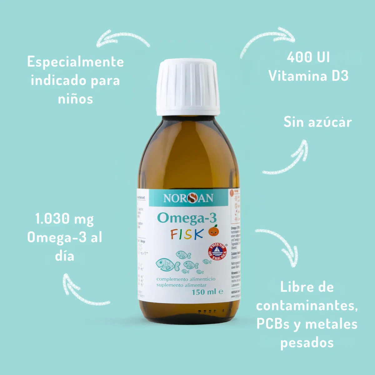 NORSAN OMEGA 3 FISK hautement dosé 150 ml/oméga-3 pour enfant 1.120mg par dose journalière/omega 3 enfant avec EPA & DHA/dose journalière 1 cuillère à café huile de poisson