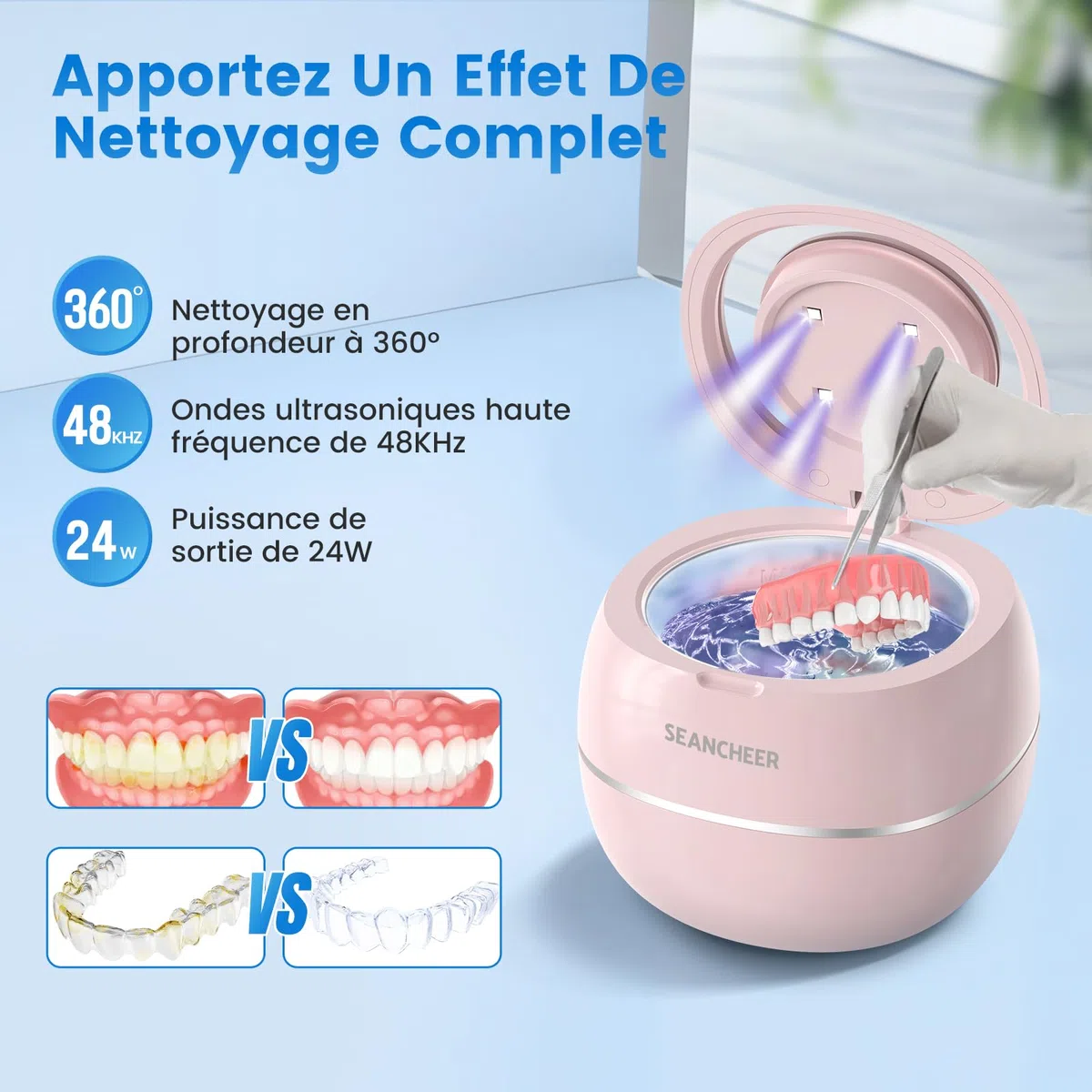 SEANCHEER Nettoyeur Ultrasons 48000Hz Bac Ultrason | 24W | 180ML | Mini Ultrasonic Cleaner Portable avec Lampe UV pour | Prothèses Dentaires | Gouttière Dentaire | Retainer | Bijoux | (Rose)