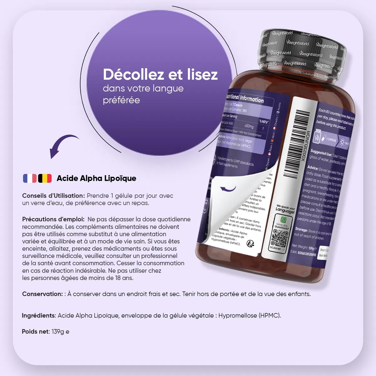 Acide Alpha-Lipoïque Pur ALA 650mg - 180 Gélules Vegan AAL (pour 6 Mois)