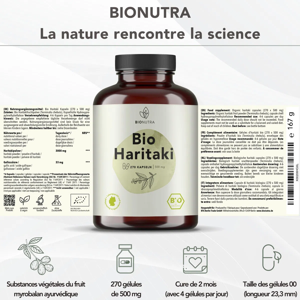 BIONUTRA® Gélules de Haritaki bio hautement dosées 3000 mg/jour, contrôlées résidus, fabrication allemande, véganes, sans lactose, gluten ni additifs, bio Haritaki poudre, 270 pièces x 500 mg