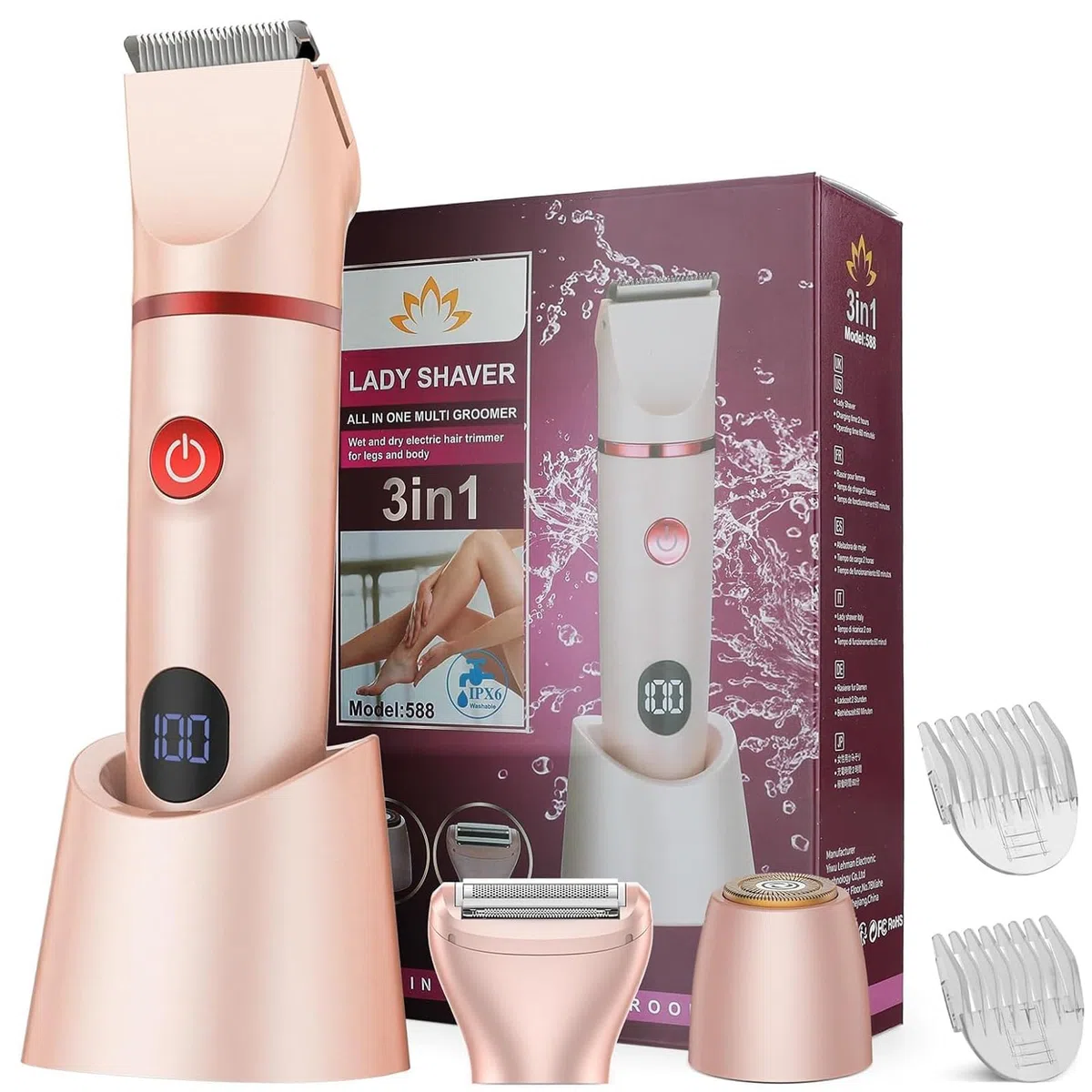 3 in 1 Rasoir Electrique Femme, Tondeuse Intime, IPX7 Étanche Rasoir Femme, utilisation humide et sèche pour le visage, les aisselles, les jambes (Rose)