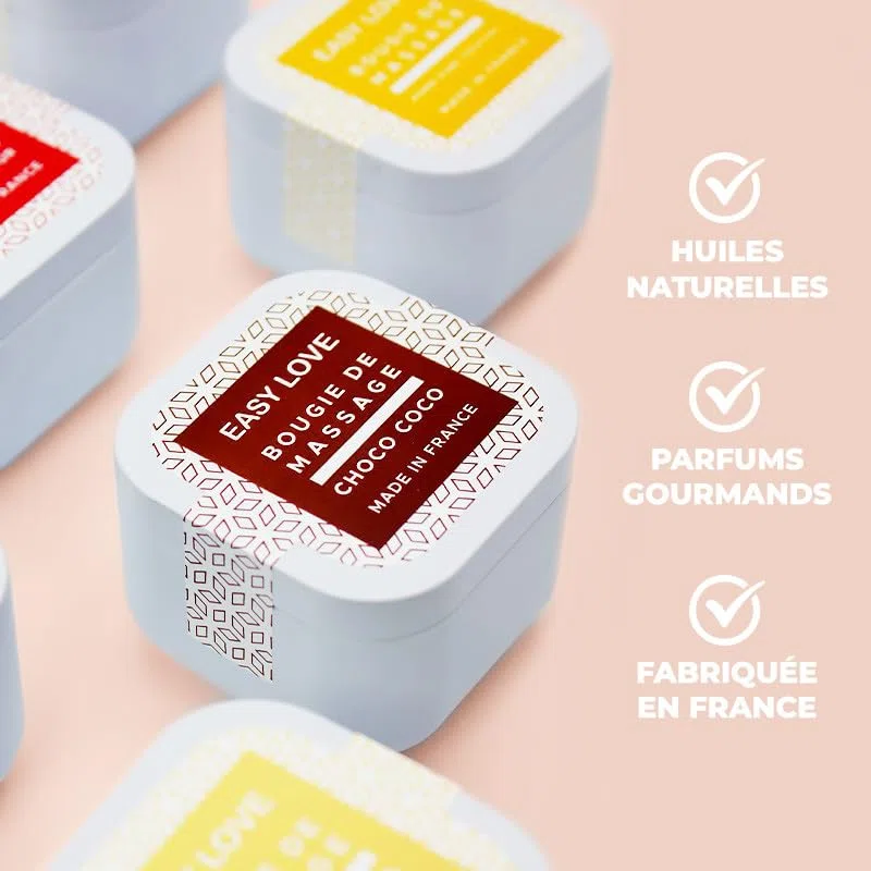 Bougie de Massage Easy Love – Parfum Fraise Pétillante – 54g – Huile de Massage Tiède Gourmande – Made in France – Ingrédients Naturels – Format Voyage – Détente et Sensualité