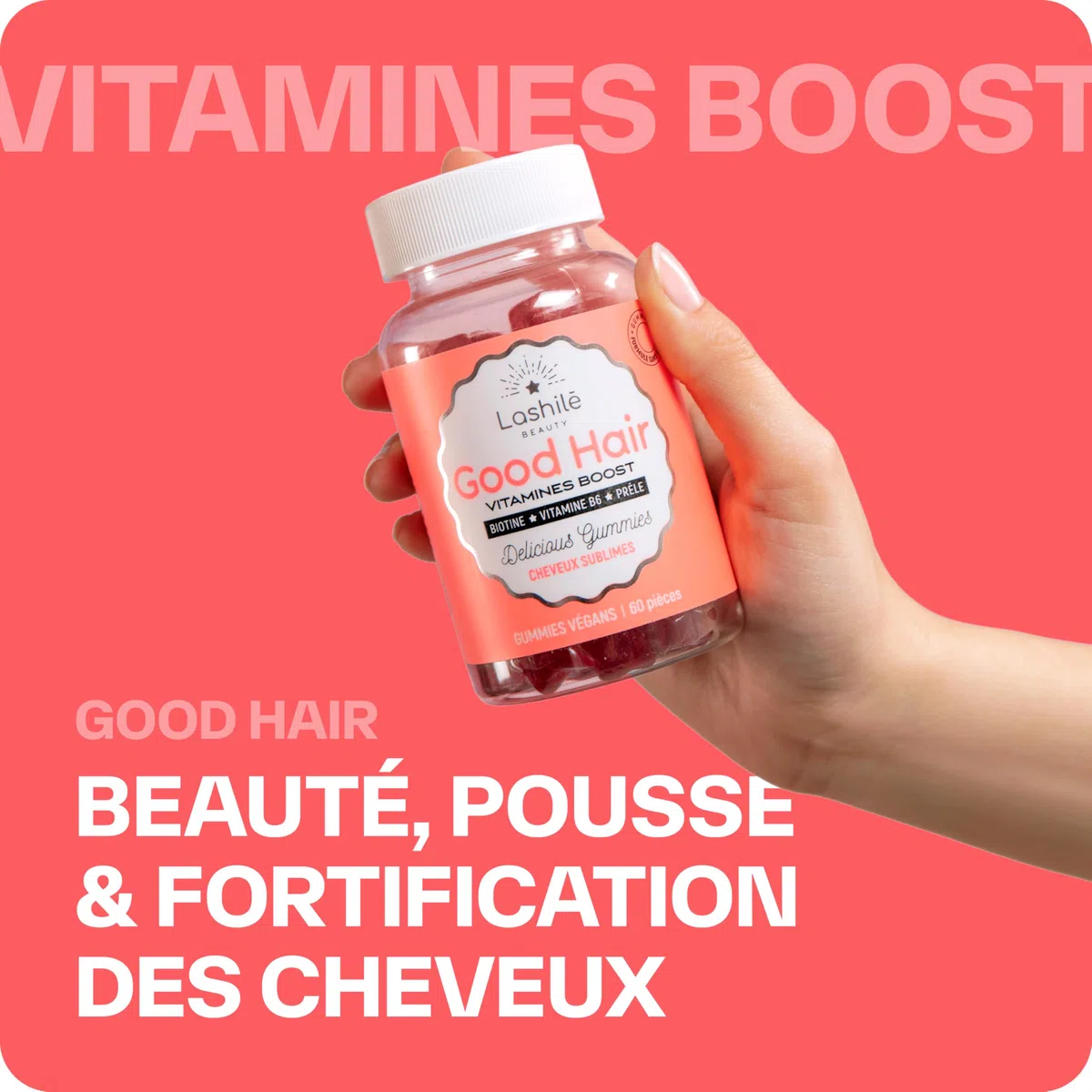Lashilé Beauty Good Hair – Gummies Cheveux Pousse & Croissance – Complément Alimentaire Cheveux Fortifiants – Biotine, Zinc, Prêle – Vegan, Sans Sucres – Made in France – Cure 1 Mois, 60 Gummies