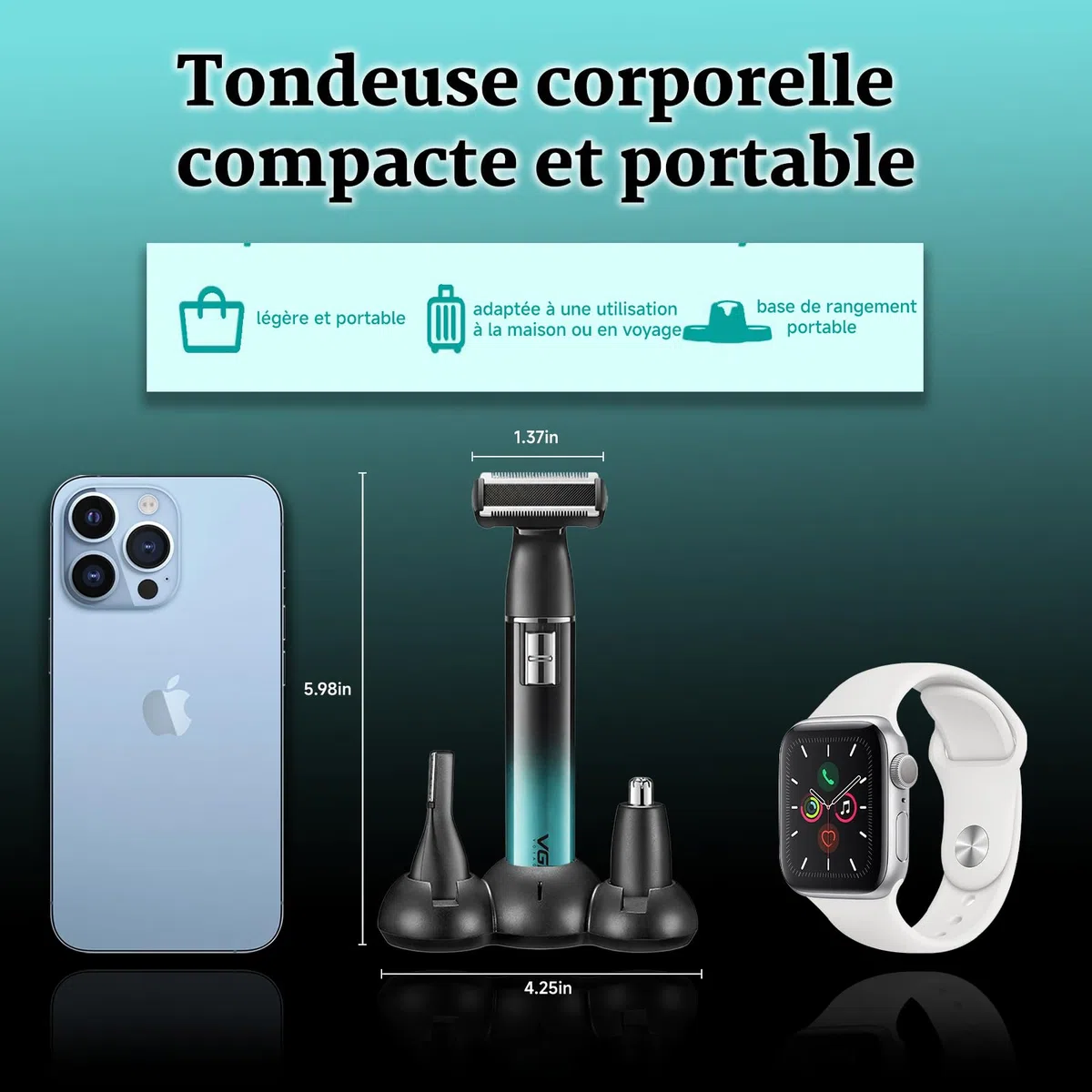 VGR 628 Tondeuse Intime Homme 3 en 1 Sans Fil, Tondeuse Partie Intime Homme, Rasoir Nez Et Taille Des Sourcils Avec Base Et, Pour Poitrine, Jambes, Aisselles, Nez Et Visage, IPX5, Vert