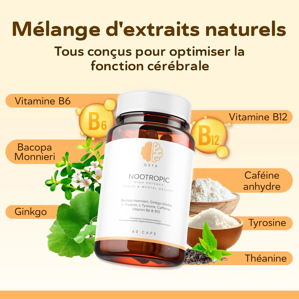 Nootropic – Formule Avancée pour le Soutien Cognitif avec Bacopa, Ginkgo, Tyrosine, Théanine, Caféine, B6 & B12