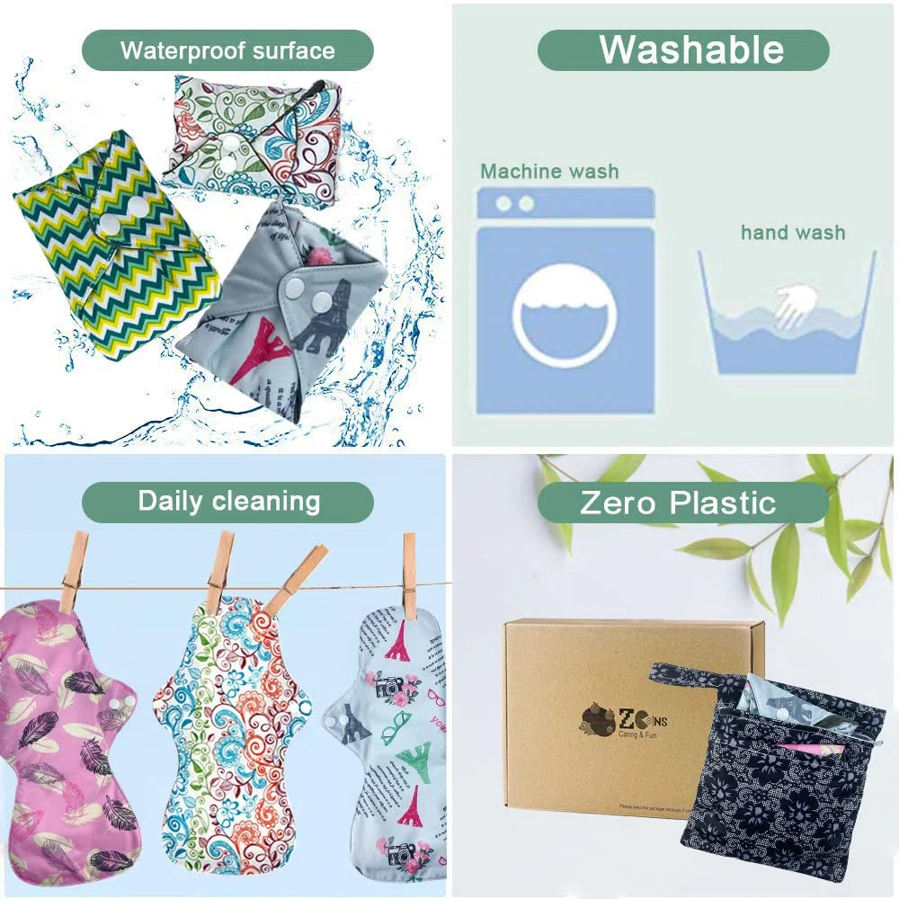 Serviettes Hygiéniques Lavables Réutilisables Flux Abondant 4 Pack - Taille XL (32cm), Extrémité Allongée Élargie Anti-Fuite Serviette Hygiénique Nuit, avec Sac Imperméable