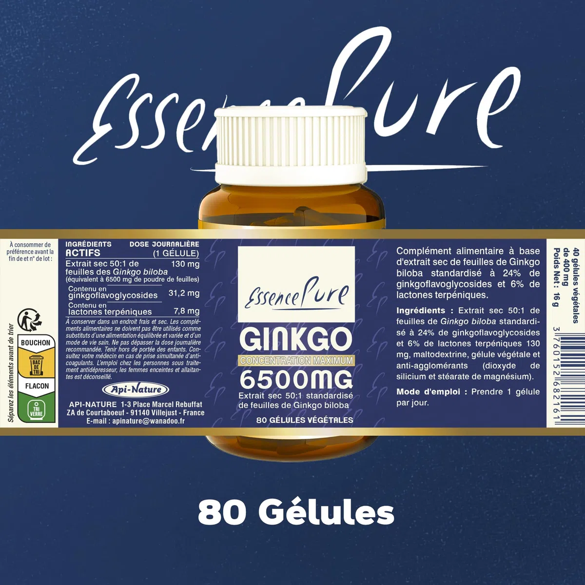 Ginkgo Biloba 6500 mg Essence Pure | Complément Alimentaire, 80 Gélules Végétales, 24% Ginkgoflavoglycosides, 6% Lactones | Soutient la Mémoire et la Circulation, Api-Nature