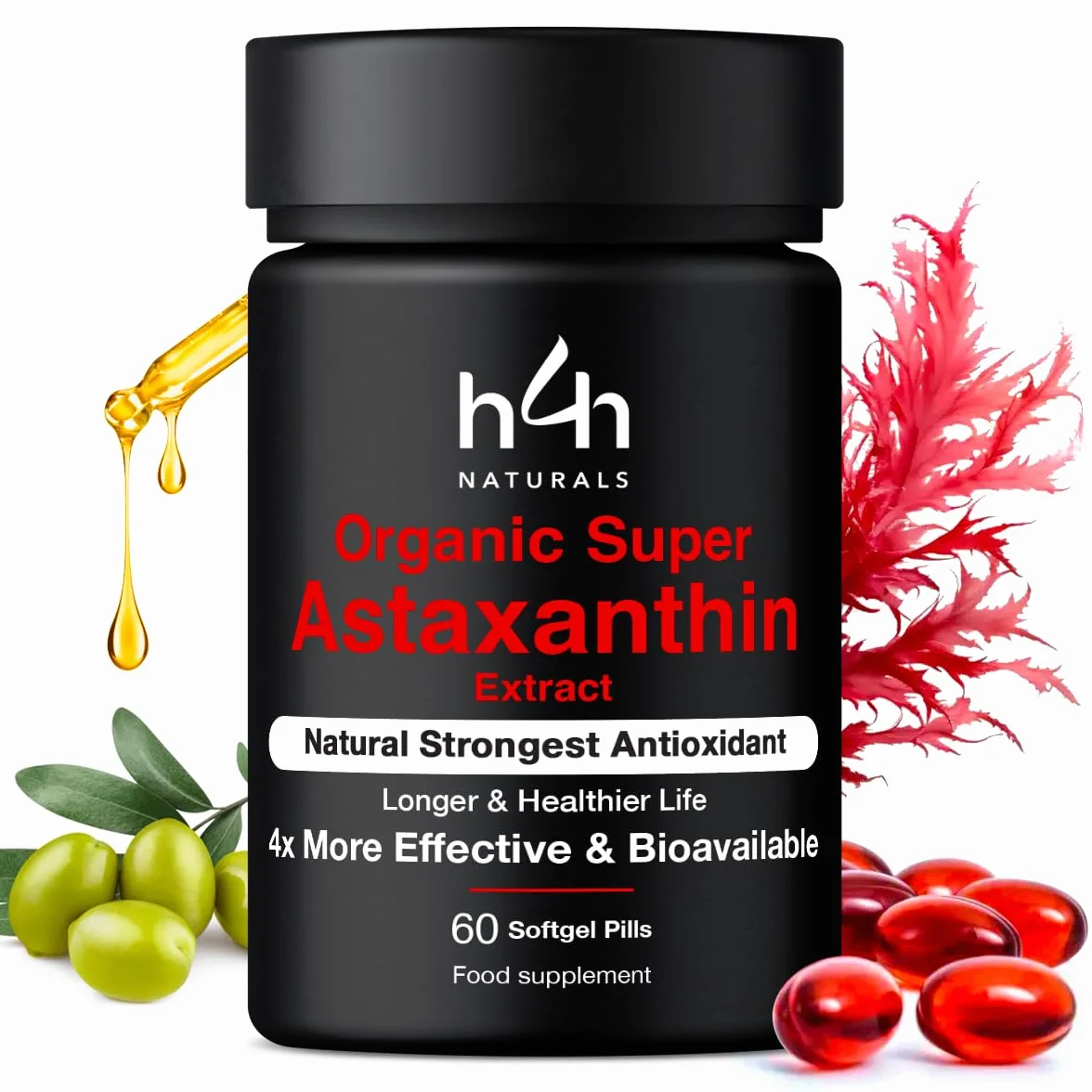 Super astaxanthine biologique – Forte dose et absorption 4 fois supérieure | Certifié biologique à l'huile d'olive grecque | Végan, testé en laboratoire, sans additifs – H4H Naturals