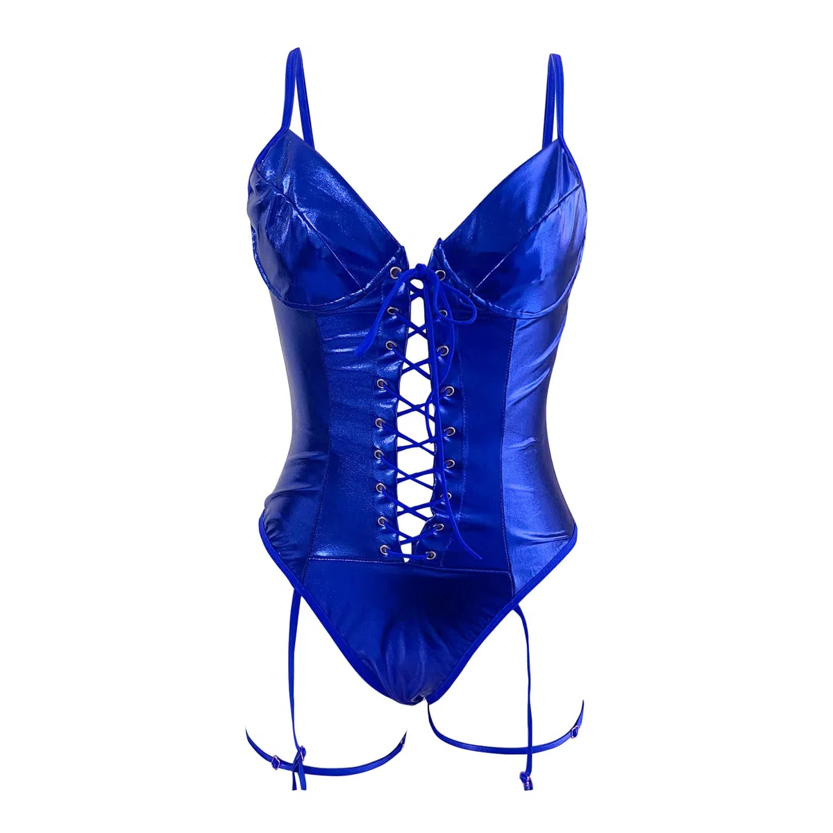 Lingerie pour Femmes 1 PC en Cuir Teddy Body Lingerie Sexy découpe Hors épaule jointe PU à Lacets jarretière Teddy Body avec 1 Paire Anneau de Jambe Coffret Lingerie
