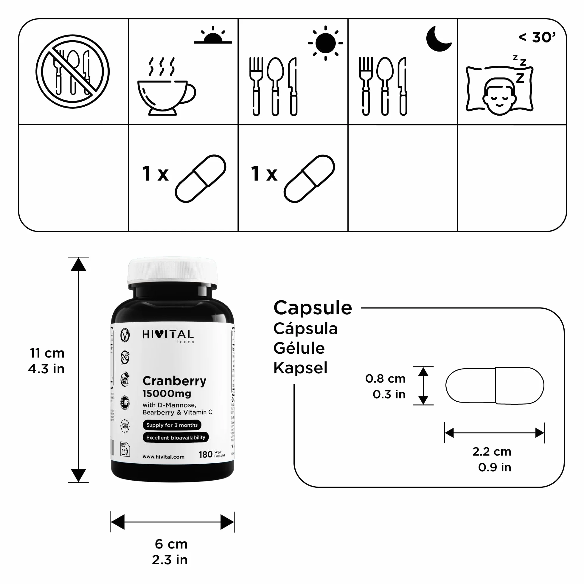 Canneberge Rouge Américaine 15000 mg. 180 gélules végétaliennes pour 3 mois de traitement. Avec D-Mannose, Busserole et Vitamine C. Canneberge 100% Naturelle. Fabriqué en Europe par HIVITAL