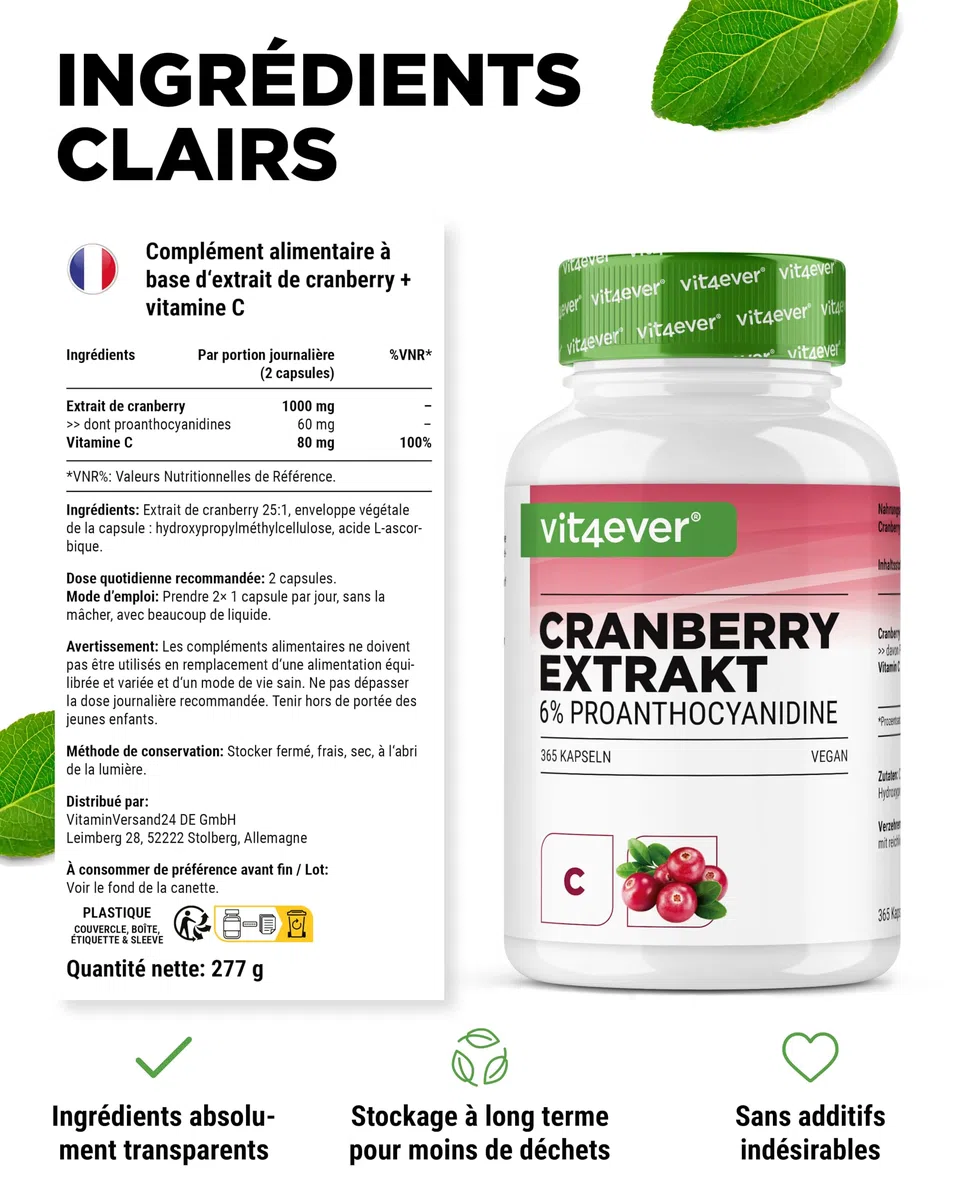 Extrait de canneberge + Vitamine C – 365 gélules de canneberge – Extrait 25:1, équivalent à 25.000 mg – 6% proanthocyanidines – Hautement dosé, sans additifs indésirables, végan