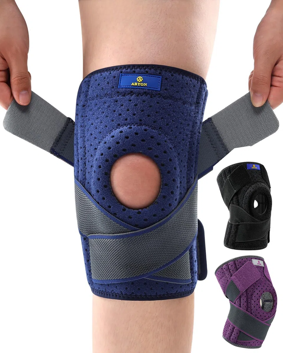 ABYON Genouillère Ligamentaire Genou, Attelle Genou Réglable avec Stabilisateurs Latéraux et Coussinet en Gel Ouvert pour Homme et Femme Ligamentaire, Déchirure du Ménisque, Haltérophilie et Course