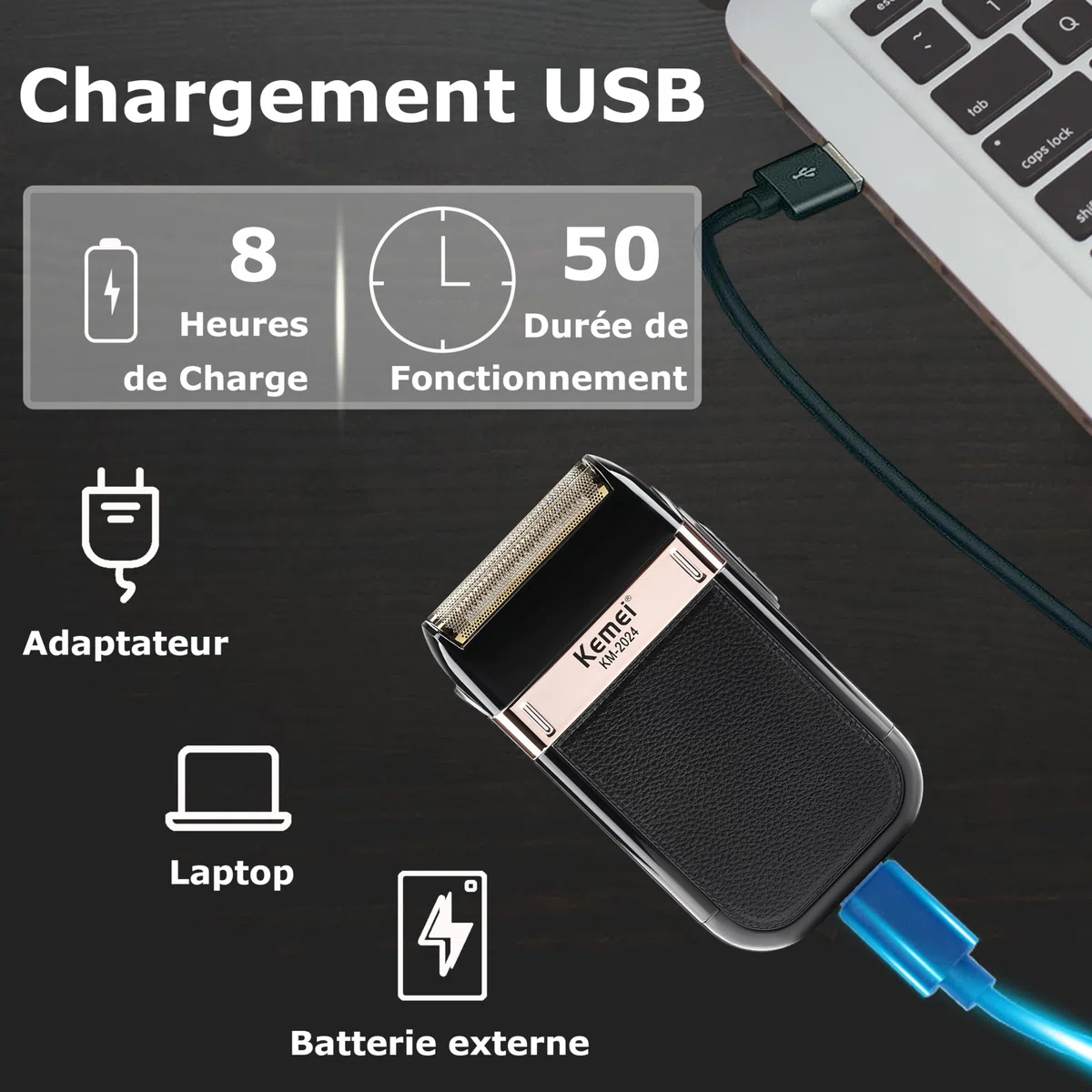 KEMEI Rasoir Électrique Sans Fil et Rechargeable pour Hommes, Idéal pour les Voyages, Shaver Humide et Sec, pour Couper les Cheveux et la Barbe, Cadeau pour Hommes