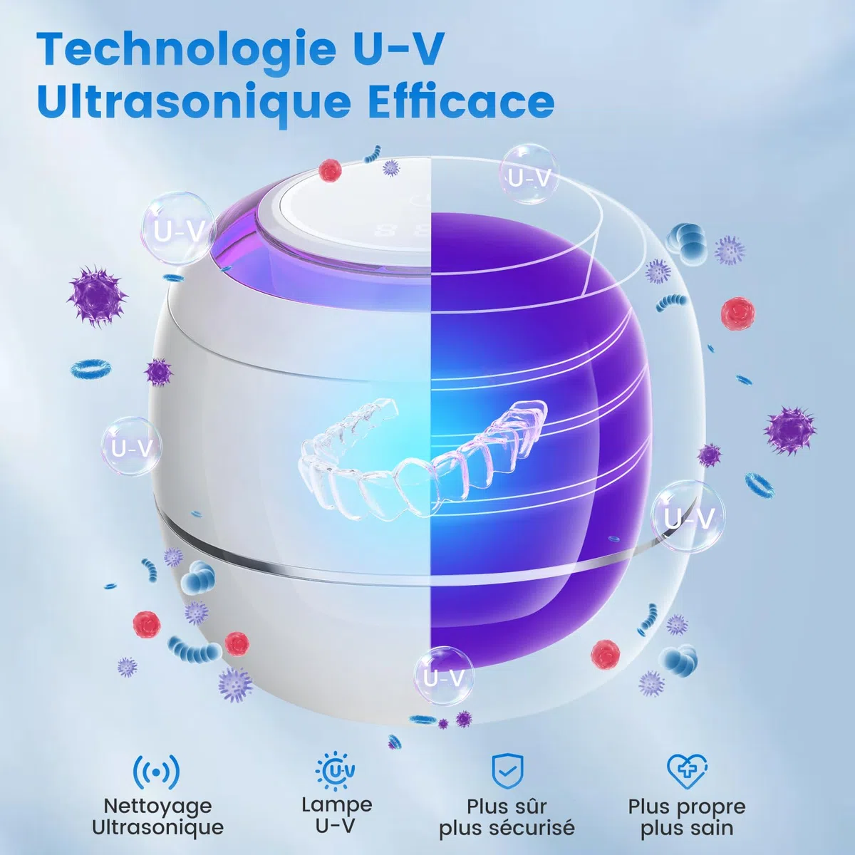 SEANCHEER Nettoyeur Ultrasons 48000Hz Bac Ultrason | 24W | 180ML | Mini Ultrasonic Cleaner Portable avec Lampe UV pour | Prothèses Dentaires | Gouttière Dentaire | Retainer | Bijoux | (Blanc)