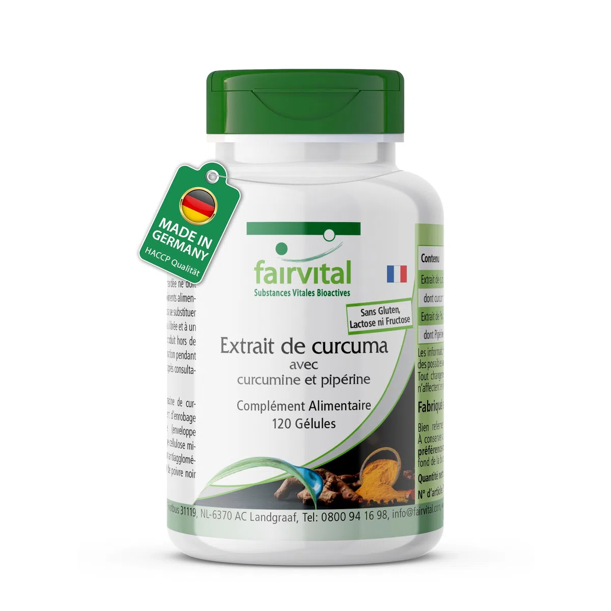 fairvital Gélules de curcuma, 500mg d'extrait de curcuma par gélule, 120 gélules, HAUTEMENT DOSÉES, curcumine 95% avec biopérine (pipérine)