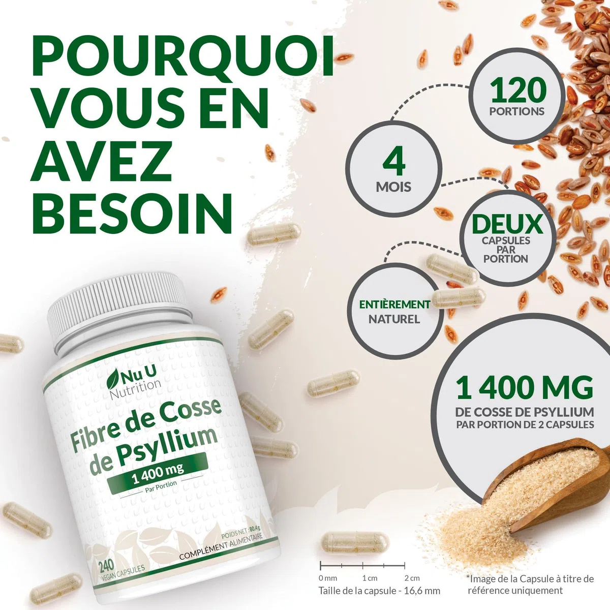 Psyllium Blonde 1400mg par Portion - 240 Gélules Véganes - Fibre Prébiotique Soluble Naturelle Provenant des Graines de Cosse de Plantago Ovata - Fabriqué en Europe – Nu U Nutrition