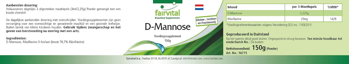 fairvital D-mannose 150 g de poudre, avec de la vitamine B2 (riboflavine), 100% pur et 100% végétalien, hautement dosé, qualité contrôlée, fabriqué en Allemagne