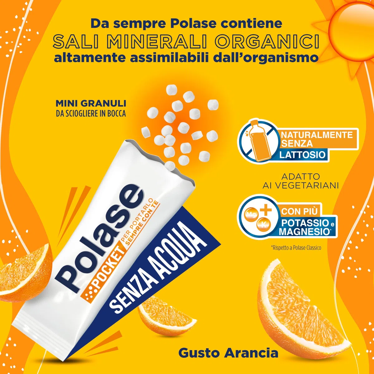 Polase Pocket, Complément alimentaire de magnésium et de potassium à prendre sans eau, contre fatigue et fatigue, chaud, goût orange, 14 bâtons orosolubles