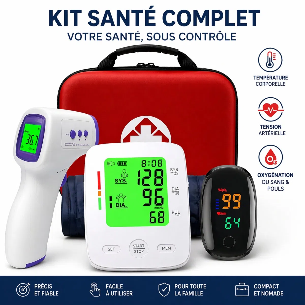 Tensiomètre Bras Électronique + Oxymètre de Doigt + Thermomètre Frontal – Kit Santé à Domicile 3en1 avec Mallette Rigide – Grands Écrans – Pack Surveillance Tension & Température– Seniors & Famille