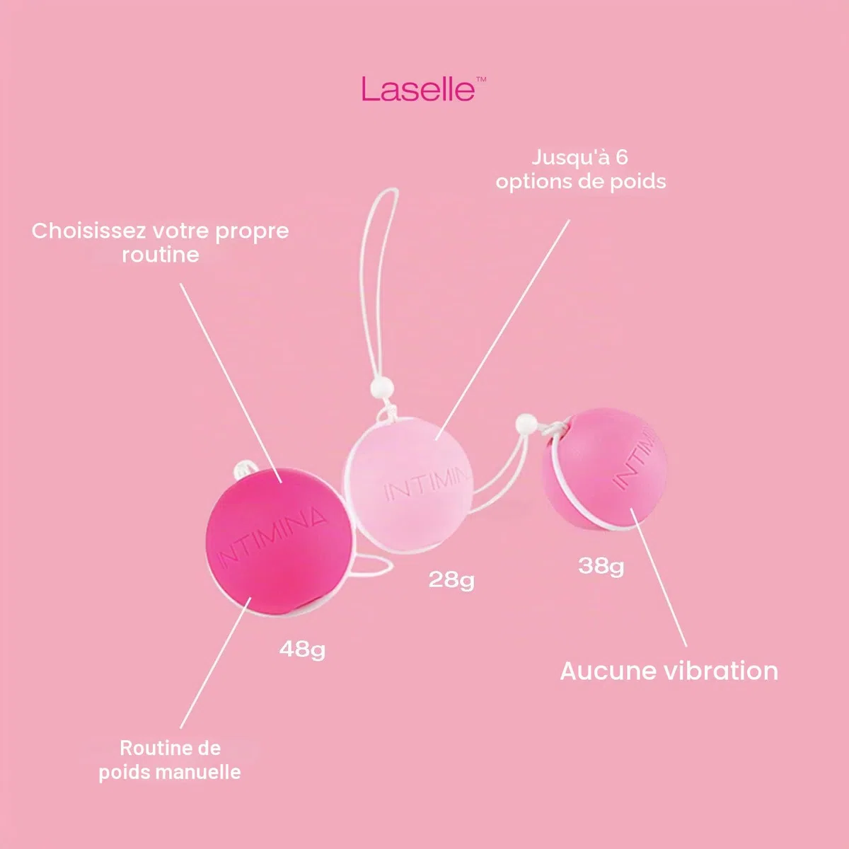 INTIMINA Ensemble Laselle Perle d’Exercice pour le Périnée - 3 Boules de Geisha pour le Plancher Pelvien, Kegel Balls (28 g, 38 g, 48 g)