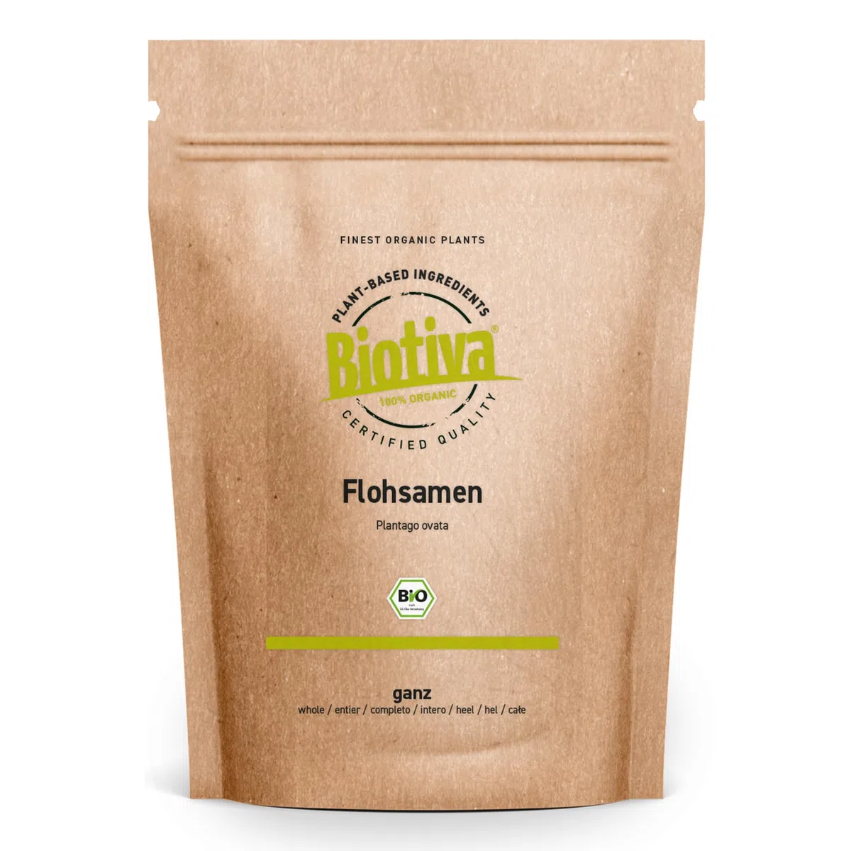 Psyllium bio 1kg, entier - Pureté 99% - Sachet fraîcheur refermable - >85% fibre, Sans lactose, sans gluten, végan, transit - Conditionné en Allemagne - Biotiva