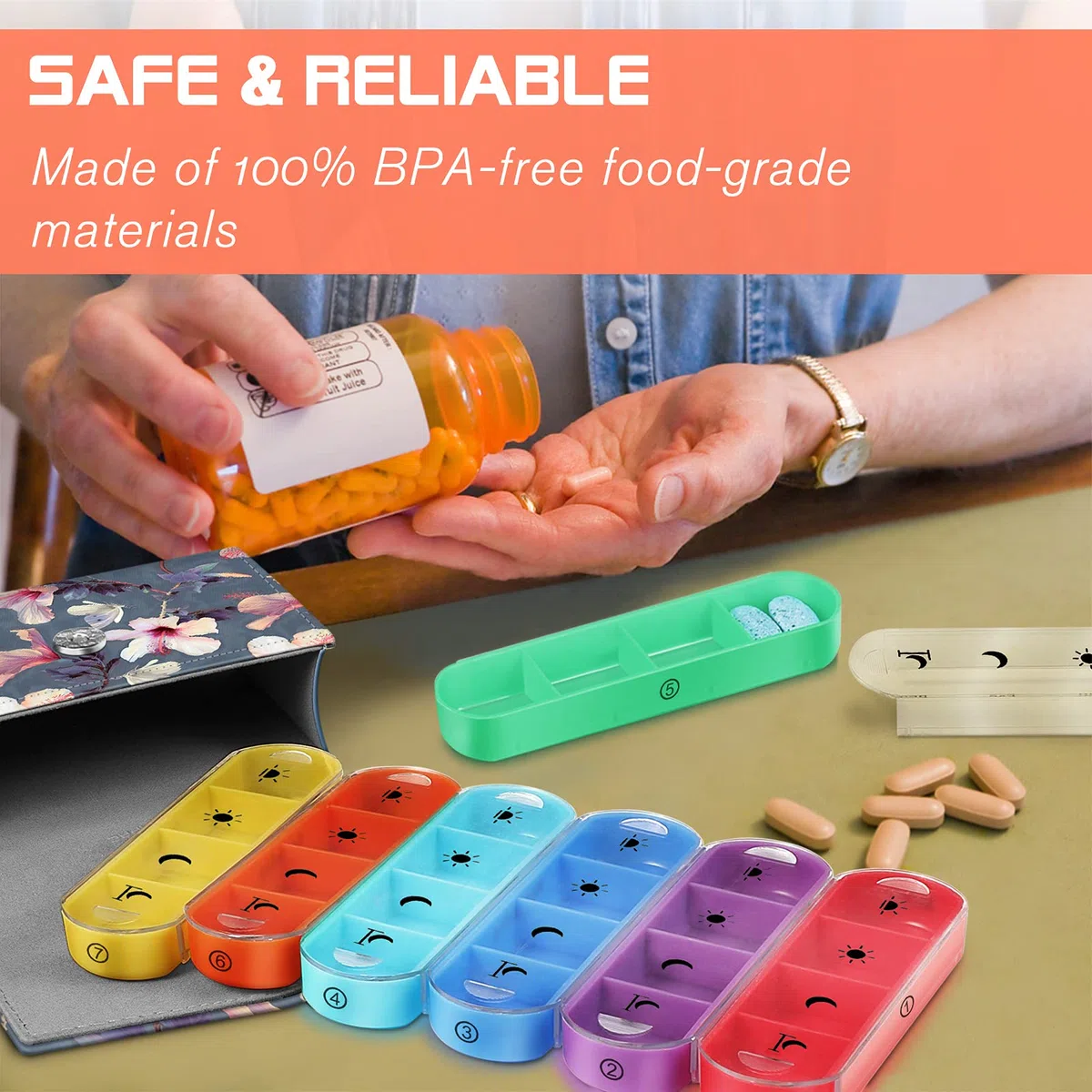 FINPAC Pilulier hebdomadaire avec sacoche en cuir PU, 7 Jours 4 fois par jour Organisateur de pilule de voyage avec carte Nom pour Matin Midi Soir Coucher pour pour vitamines, médecine, Fleur Hibiscus