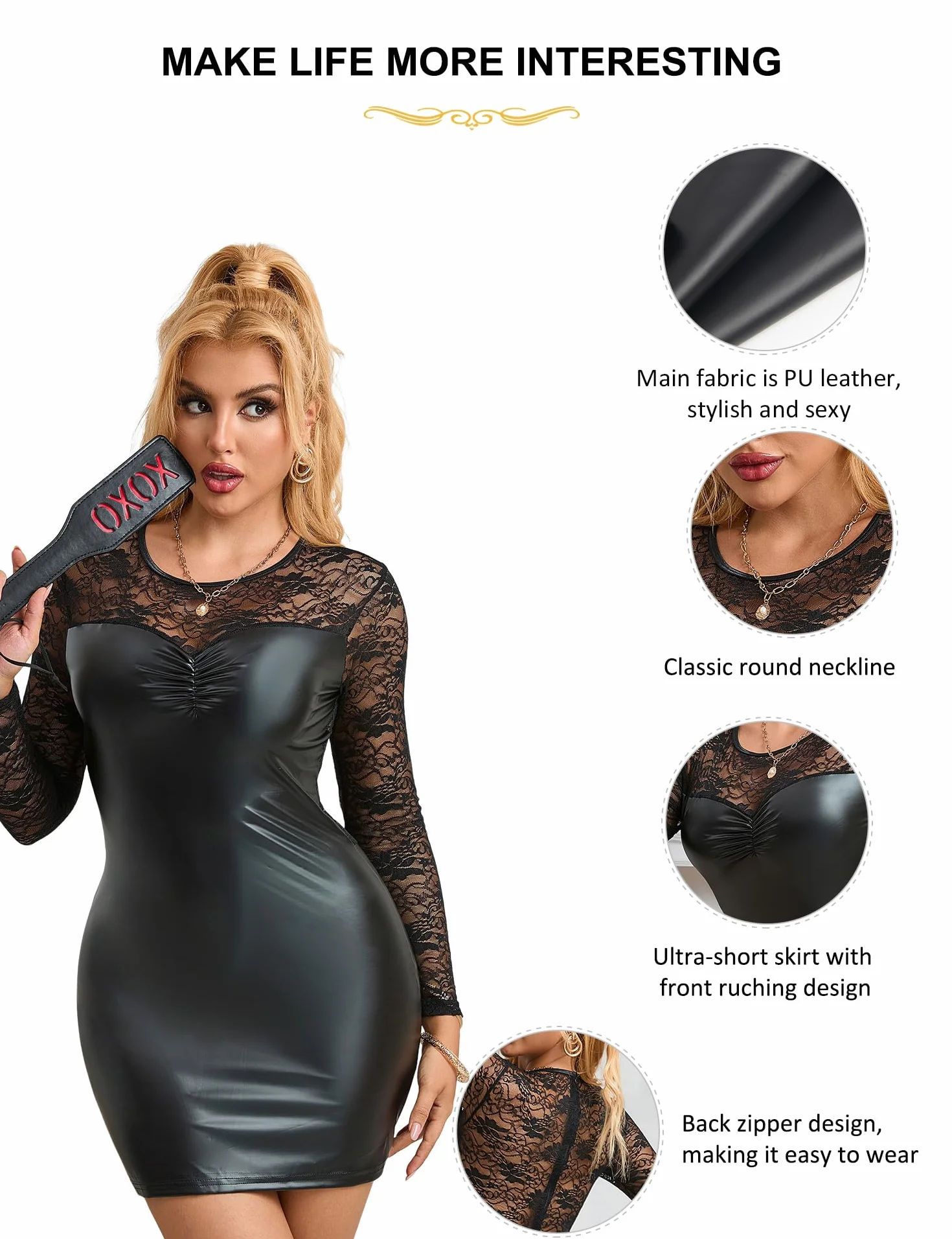 ohmydear Robe Sexy Femme Erotique Club Libertin Grande Taille Silimi Cuir Mini Jupe Courte Manche Longues Lingerie Dos Nu De Cocktail Soirée Moulant Tenue Sexy sous-Vêtements