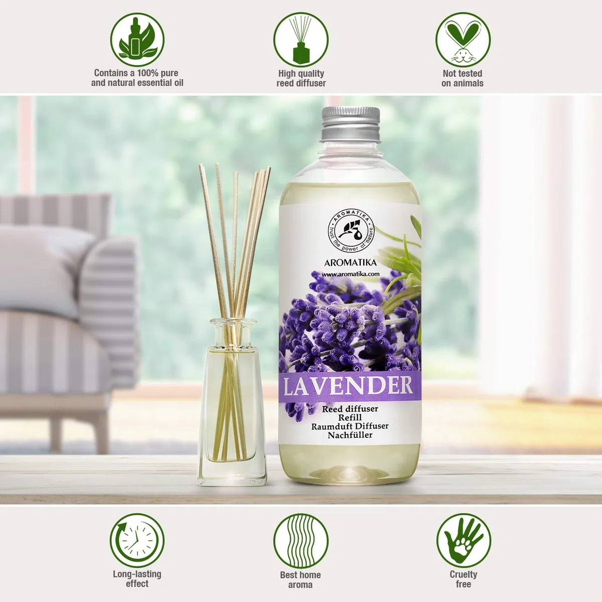 Recharge pour Diffuseur Lavande 500ml - Huile Essentielle Naturelle Lavande - Diffuseur Parfum Maison - Parfum Frais et de Longue Durée - Aromathérapie - Assainisseurs de Air