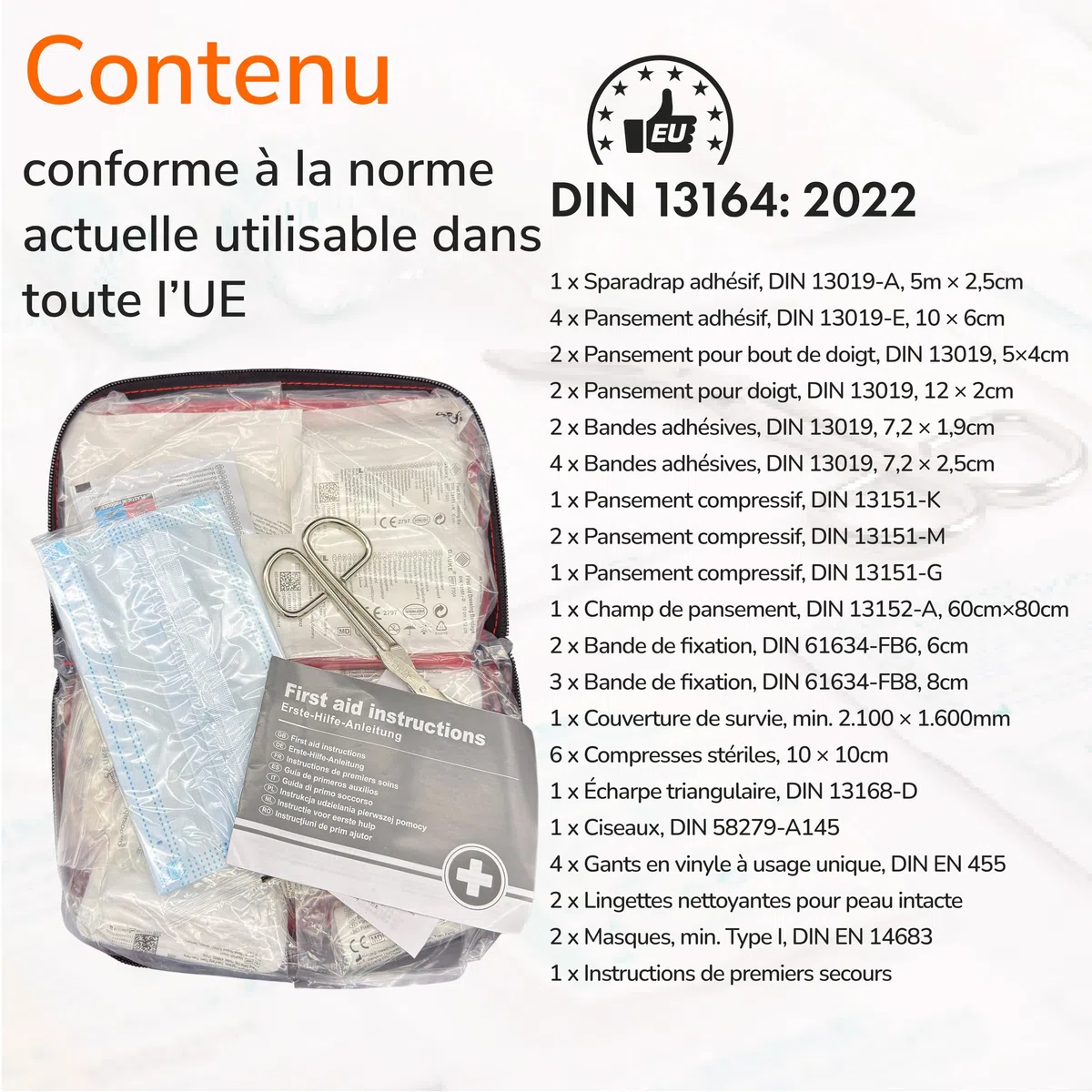 Upgrade4cars Trousse de Secours Auto 2026 DIN 13164 Kit Valable dans Toute l'Europe | Sac de Pansements également pour la Maison & en Déplacement