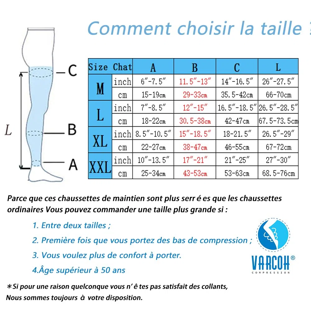 VARCOH - Bas de Contention Sans Pied 20-30 mmHg Pour Cuisses,bas de Contention Femme Soulagement et Soutien de Haute Qualité pour vos Jambes
