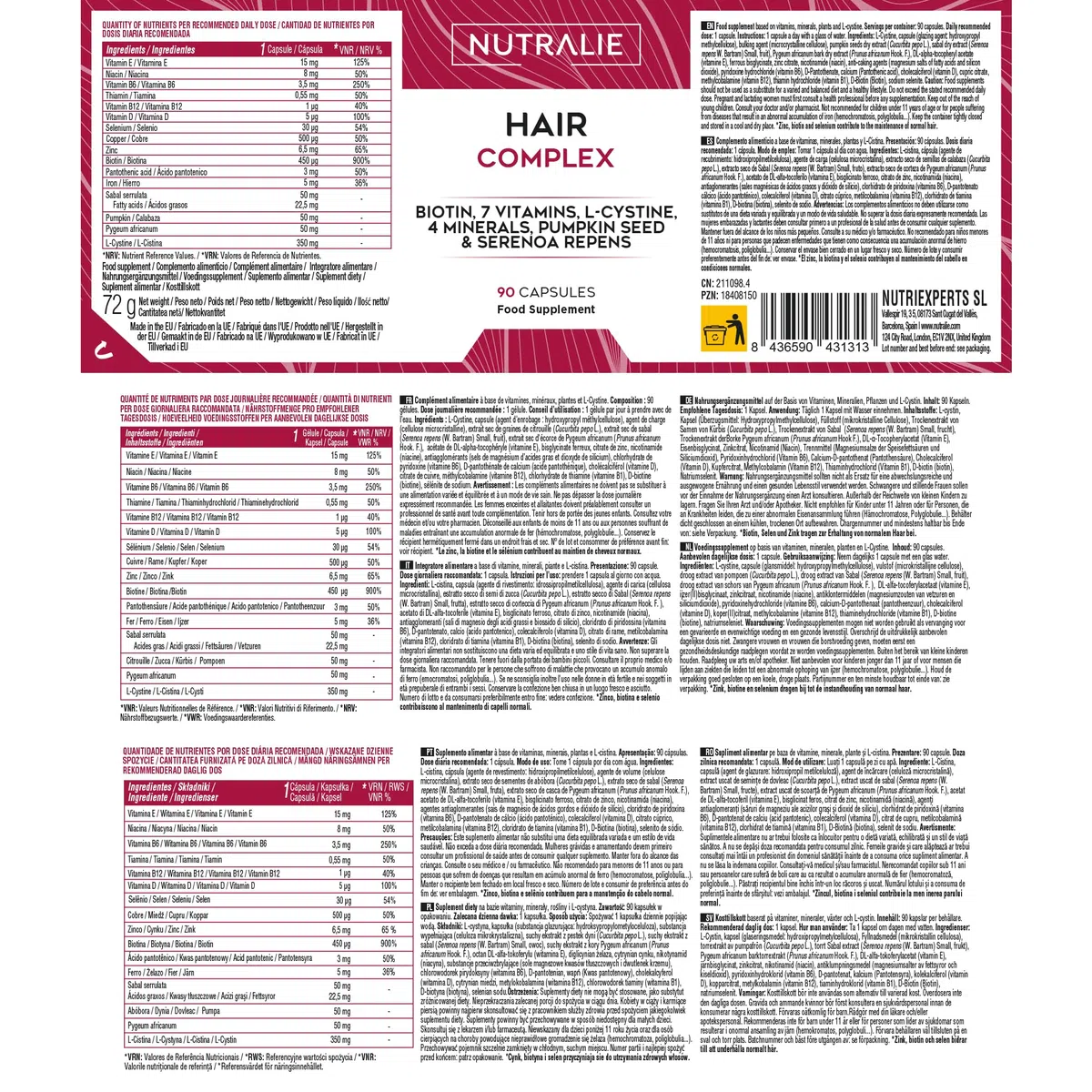 Vitamine Cheveux - [PRIX 2022] Biotine + Zinc + Sélénium + L-Cystine - Hair Complex Femme et Homme - 90 Gélules Végétariennes Nutralie