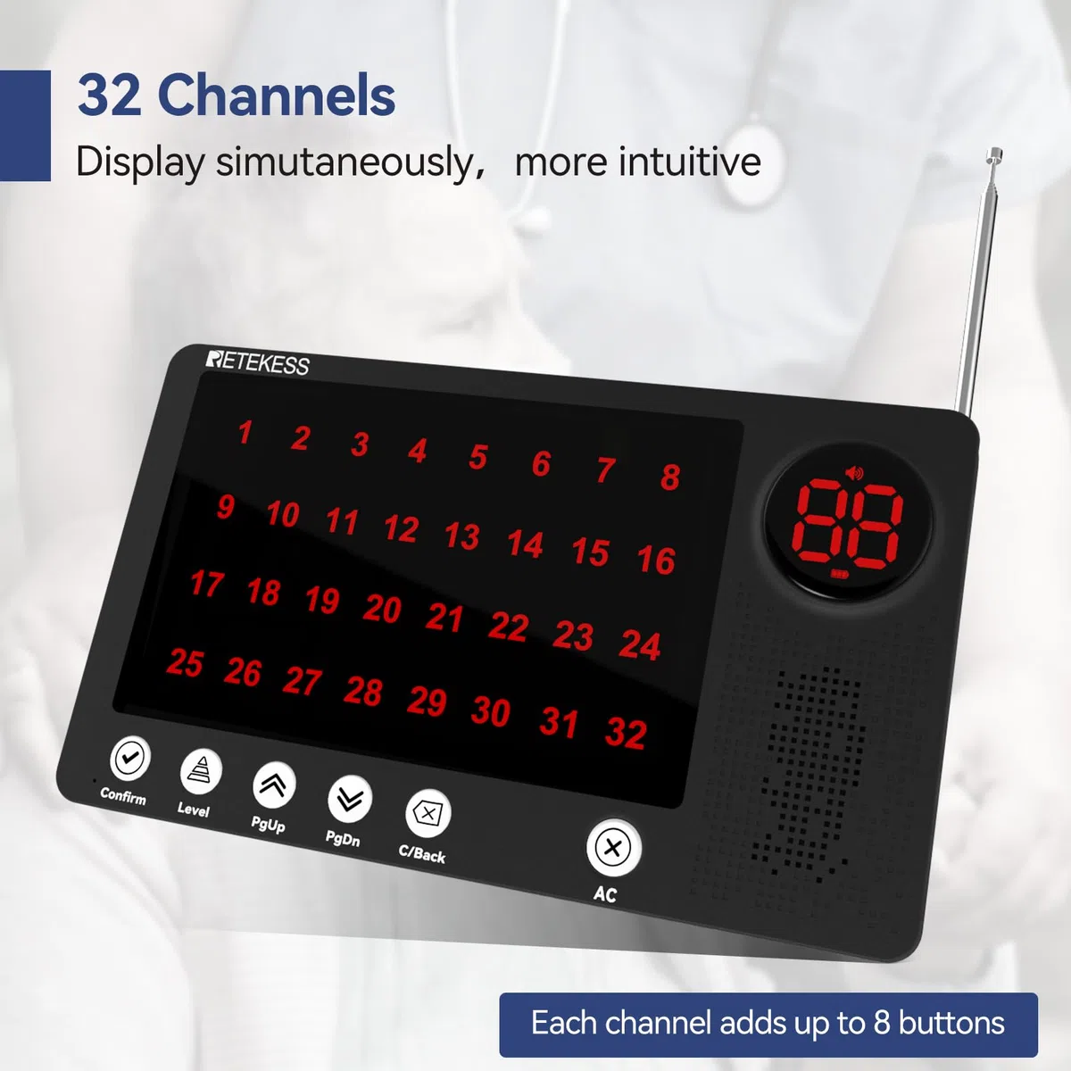 Retekess TH107 Bouton d'Appel d'urgence pour Personnes âgées, Système d'Appel d'urgence, Affichage 32 Bits, Distance d'Appel de 300m, 10 Langues et 3 Invites, pour Clinique, Hôpital