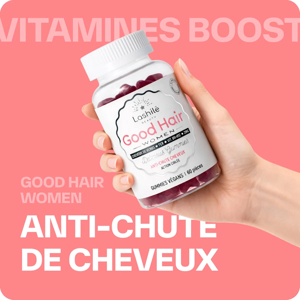 Lashilé Beauty - Gummies Anti-Chute Cheveux - Croissance & Fortification capillaire - Complément Alimentaire Anti-Chute Cheveux - Good hair women - Biotine Zinc Vitamine B6 - Cure 1 Mois 60 Gummies