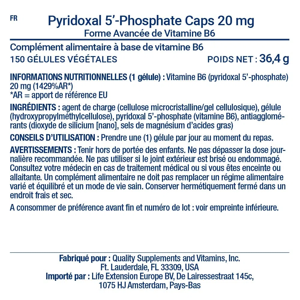 Life Extension - Pyridoxal 5'-Phosphate 20 mg, 150 Gélules Végétariennes – Soutient le Système Nerveux, le Métabolisme Énergétique, le Métabolisme du Glycogène et la Santé Cardiaque