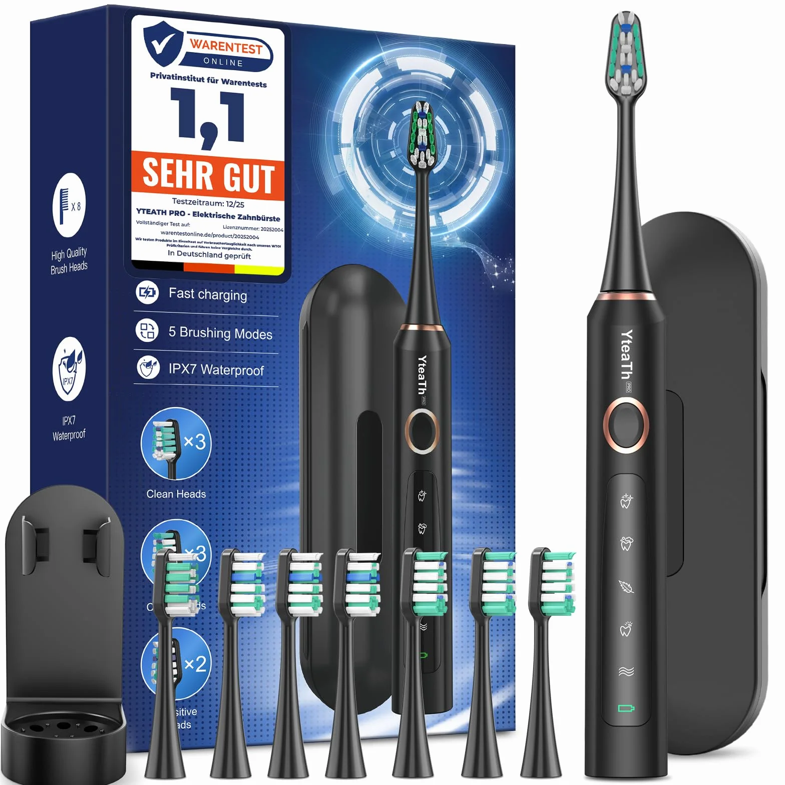 Brosse À Dent Électrique Soniques pour Adultes - Brosse A Dent Sonique avec 8 Têtes de Brosse et Étui de Voyage, 5 Modes, Étanche IPX7, Brosse A Dent Electrique de Voyage Rechargeable, Noir