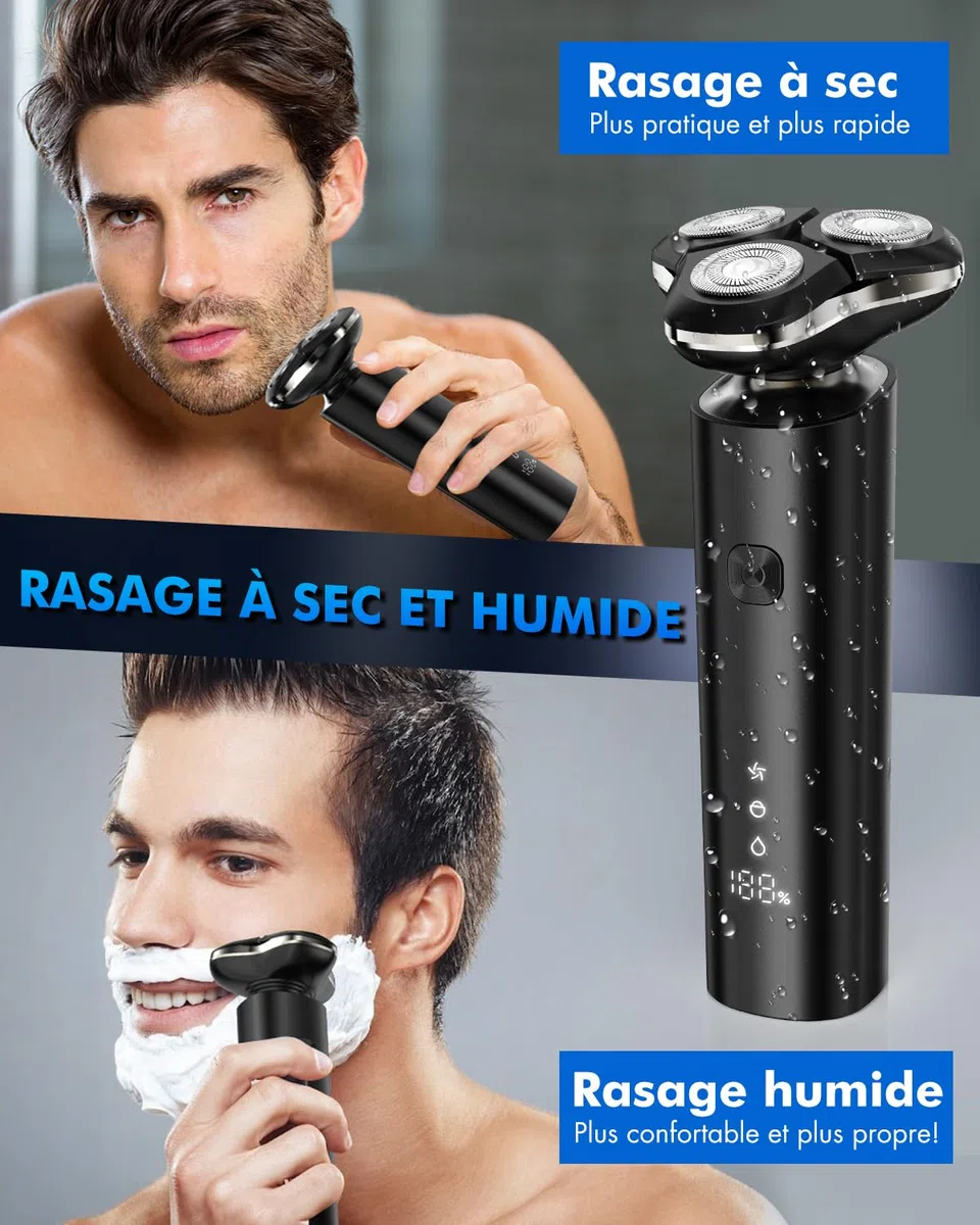 Rasoir Électrique Homme 3 en 1, Rasoir Electrique Tondeuse Barbe Hommes avec Tondeuse de Précision pour Barbe et Nez, 3D Têtes Flottantes, IPX7 Étanche Rasage Sec et Humide, Écran LCD & USB-C