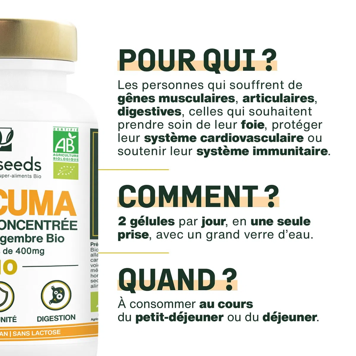 Curcuma BIO Haute Concentration | Avec Gingembre Bio | Curcumine Haute Absorption | Sans Pipérine | Articulations | 120 Gélules | Qualité Supérieure