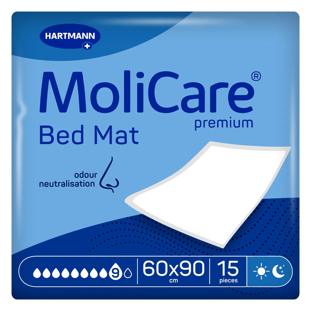 Molicare Premium Bed Mat 9 Gouttes : Alèse de lit avec Noyau Absorbant en Flocons de Cellulose, 60 x 90 cm, 15 pièces