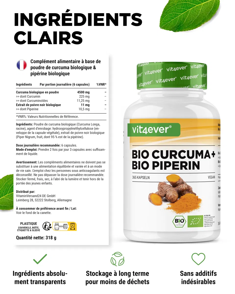 vit4ever Curcuma Bio au Poivre Noir - 365 capsules - 4511 mg de Curcuma Bio (Curcuma) par Dose Journalière - avec Curcumine & Pipérine - Qualité 100% Bio - Fortement Dosé - Végétalien