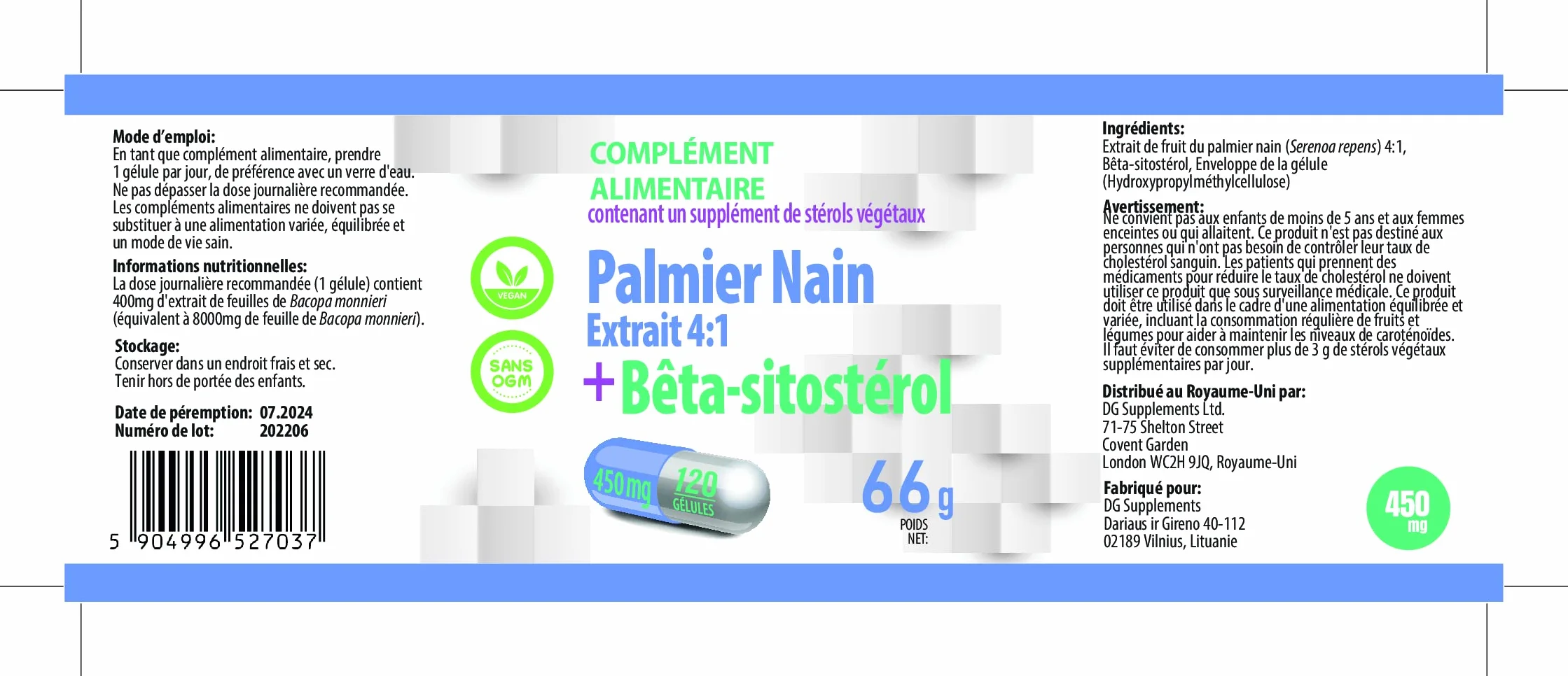 Hepatica Saw Palmetto | 4:1 & Complexe bêta-sitostérol 450 mg | 120 gélules végétales | Palmier nain – Serenoa repens | GMP & Testé en Laboratoire Indépendant