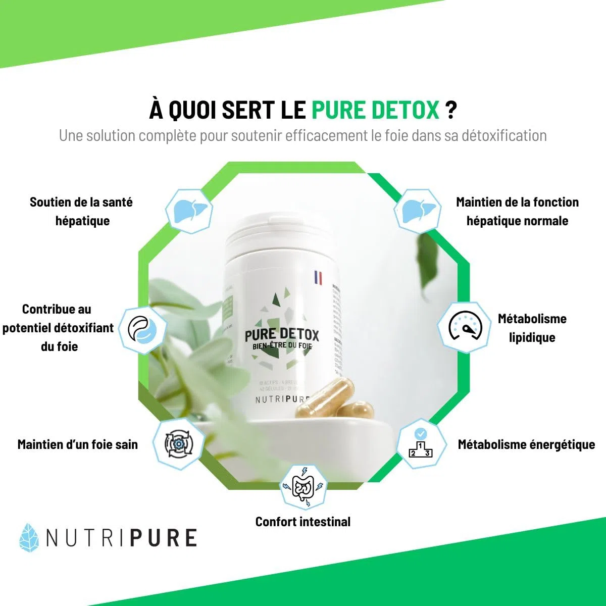 Nutripure | Pure Detox Foie | Soutien complet de la détoxification hépatique | 4 extraits brevetés (Chardon-Marie, Artichaut, Chou Kale, Choline) | Cure de 21 jours (42 gélules)
