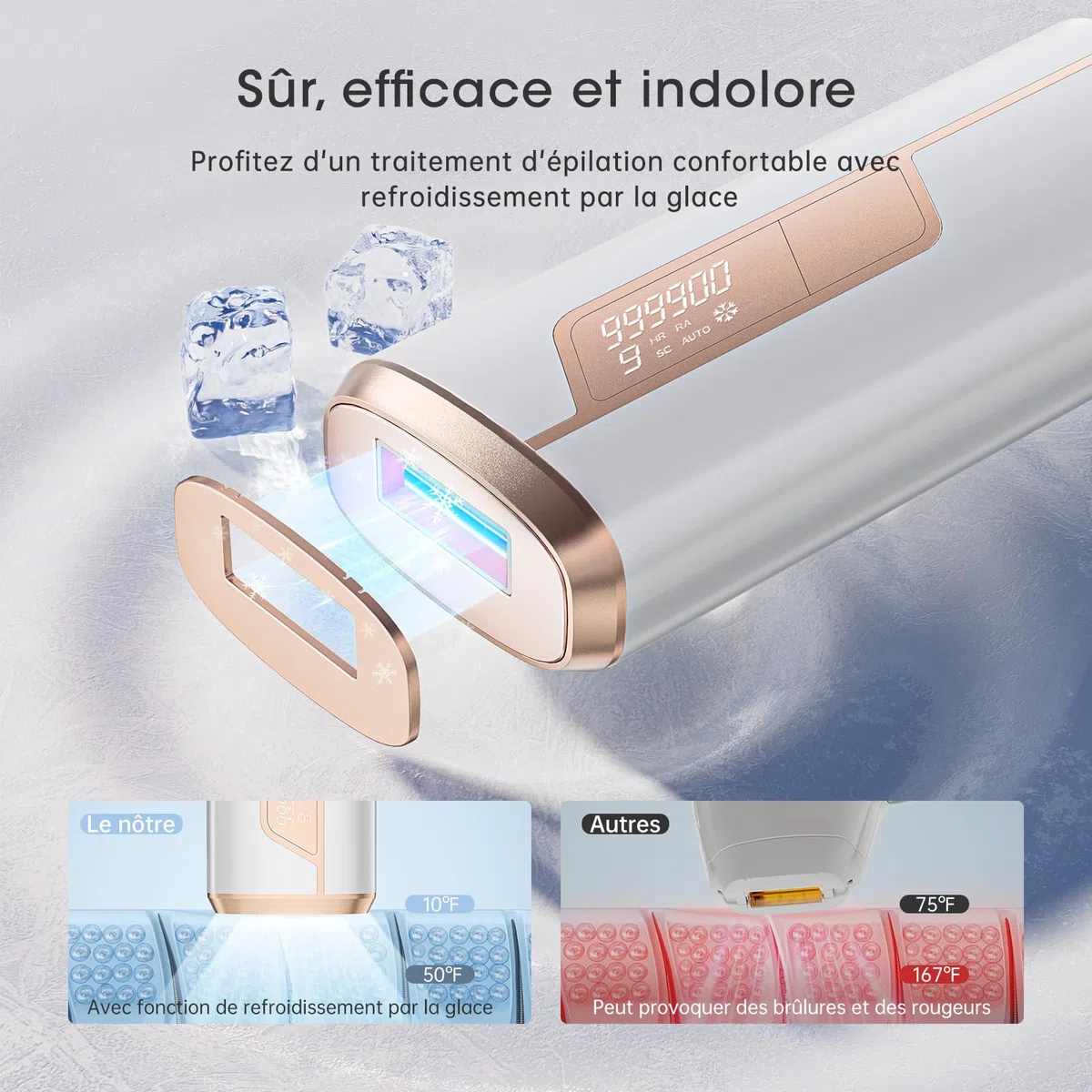 Épilateur Lumière Pulsée IPL de Refroidissement, Épilateur Laser avec 9 Niveaux D'énergie et 999900 Impulsions Lumineuses, Fonctions-HR/SC/RA 2 Modes, Épilation pour Hommes Femmes Visage Jambes