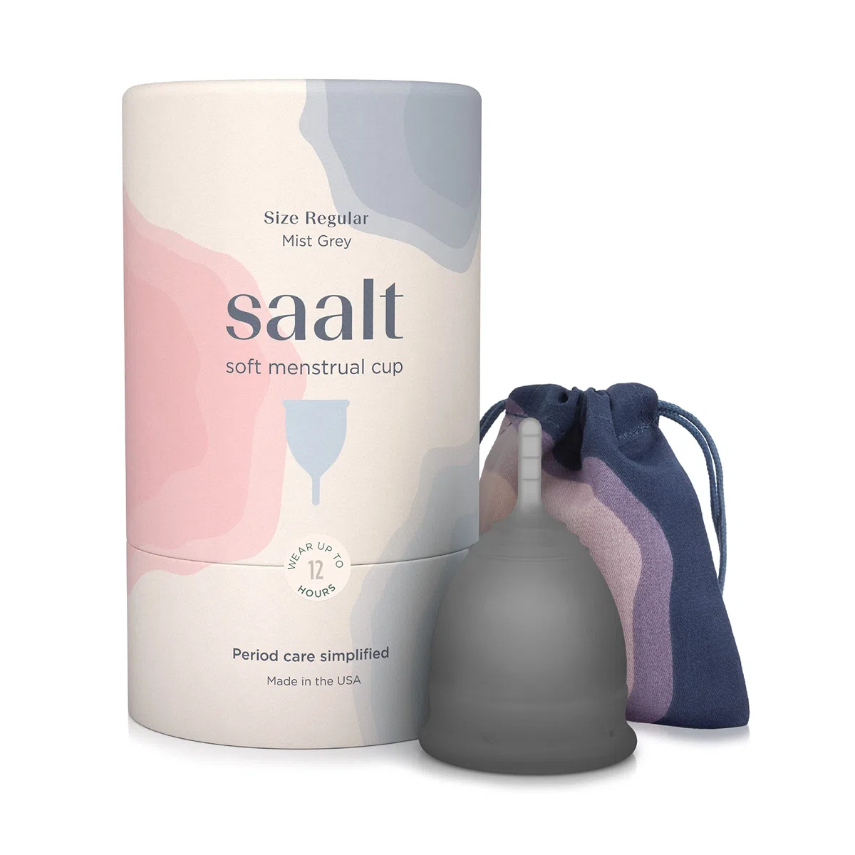 Saalt Soft Menstrual Cup – Coupe menstruelle réutilisable – Protection anti-fuites jusqu'à 12 heures – Sans BPA ni latex – Inclut une coupe et un sac de transport - taille Régulier, Gris