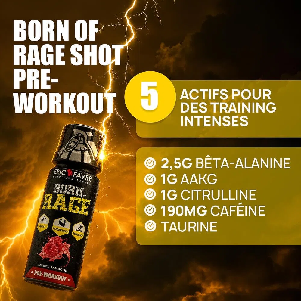 BORN OF RAGE SHOT PREWORKOUT - Énergie Instantanée - Booster Musculaire - Caféine Haute Teneur - Endurance & Performance - Display 12x50ml - Saveur Citron - Eric Favre